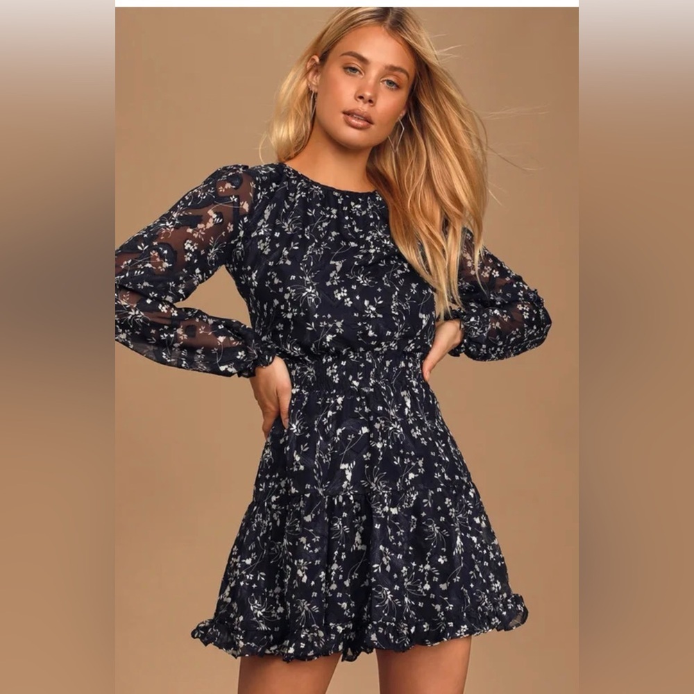 Lulu's Navy Floral Sheer-Sleeve Ruffle Mini Dress - Picture 4 of 5